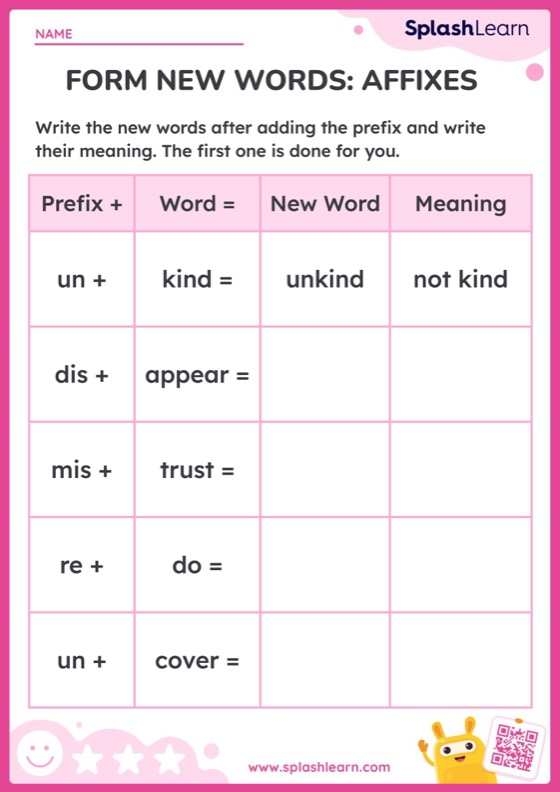 Third grade grammar worksheet focusing on breaking down words into prefixes base words and suffixes