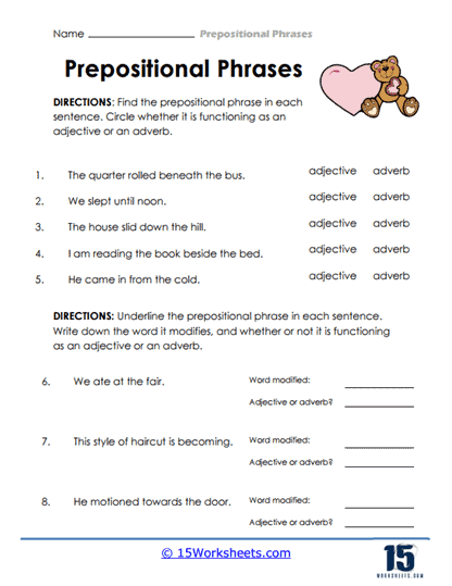 It's Grammar Time Prepositional Phrases 1 practice activity for elementary reading skills Third grade grammar worksheet showing prepositional phrase exercises with sentences for students to complete with location and direction words