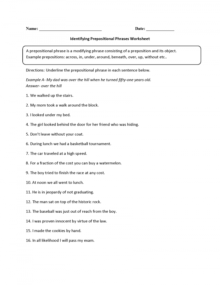It's Grammar Time Prepositional Phrases 1 practice activity for elementary students learning descriptive language skills Third grade grammar worksheet showing prepositional phrase exercises where students select the correct phrase to complete sentences with proper context clues