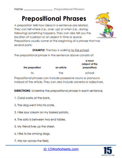 Its Grammar Time Prepositional Phrases Worksheet 17 Third grade student completing a worksheet on prepositional phrases 17