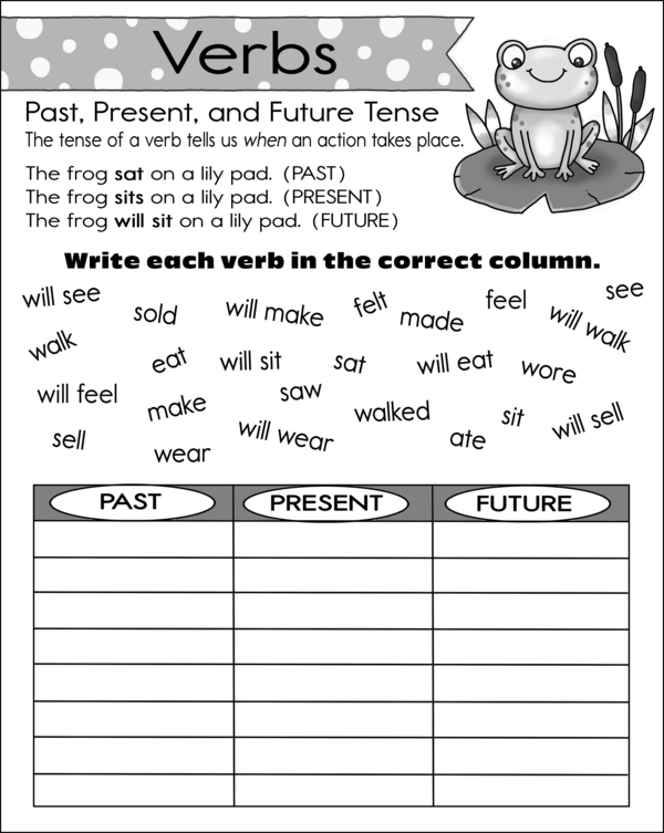 Third grade student completing a Great Grammar Present Tense Action Verbs worksheet