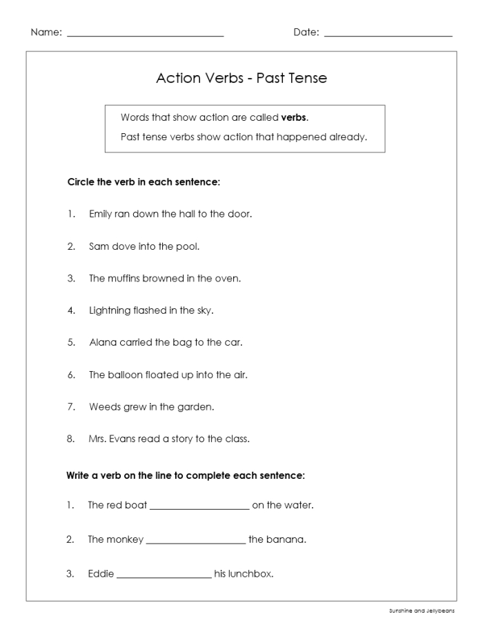 Third grade student completing a grammar worksheet about present tense action verbs 23