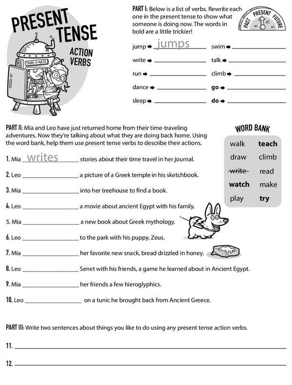 Third grade student completing a grammar worksheet about present tense action verbs