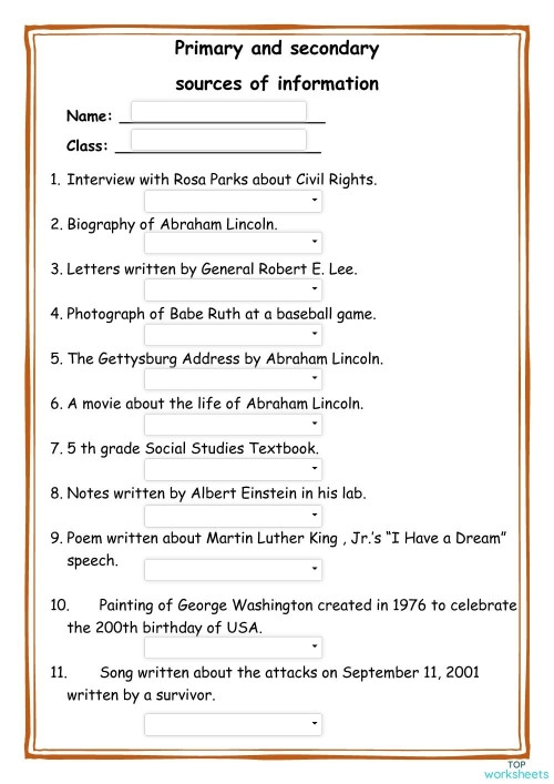 Worksheet for identifying primary and secondary sources related to the American Revolution. Educational resource for third-grade students on understanding source differences.