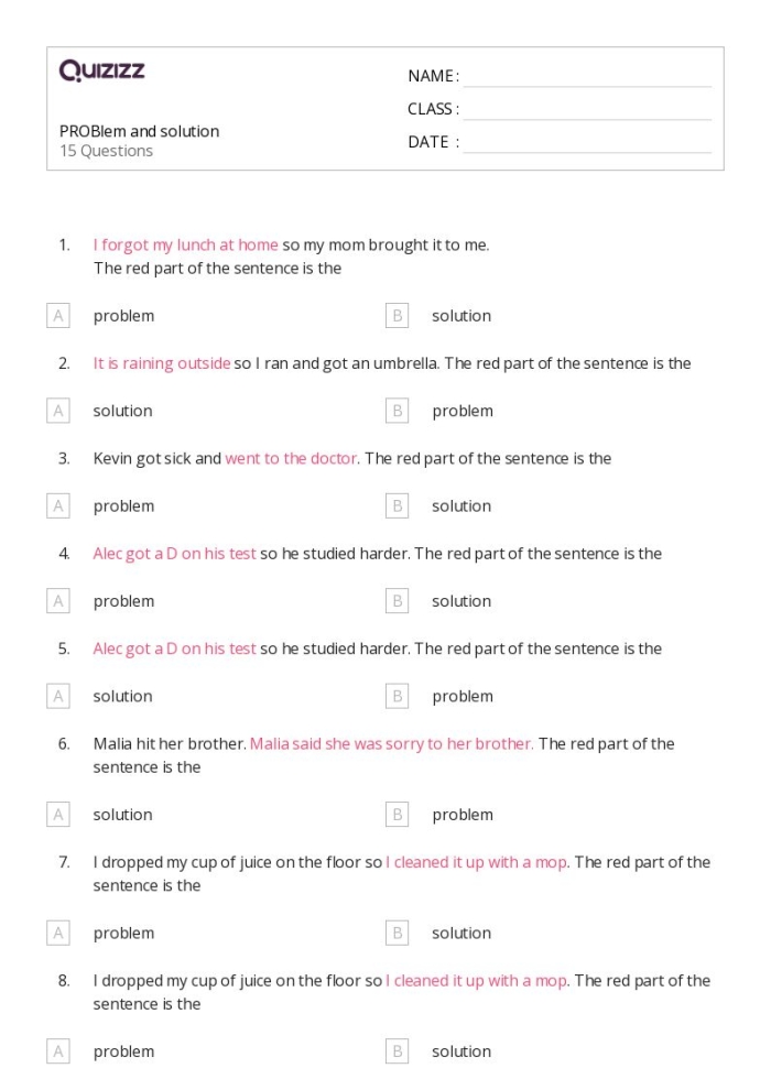 Reading Comprehension Problem and Solution Practice Worksheet for Elementary Learners Third grade students identifying problem and solution elements while reading a comprehension worksheet exercise