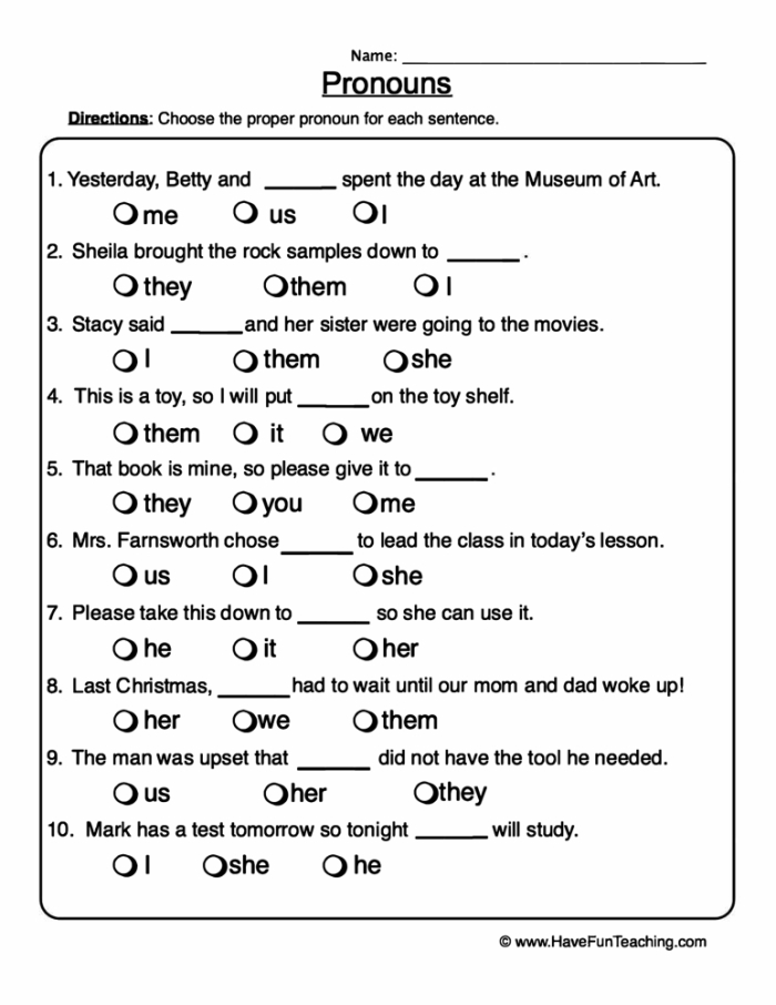 Fill-in-the-blanks worksheet for practicing pronouns in third-grade civics