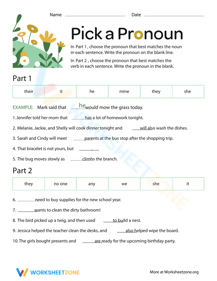 Fill-in-the-blanks worksheet for third graders to practice using pronouns in sentences