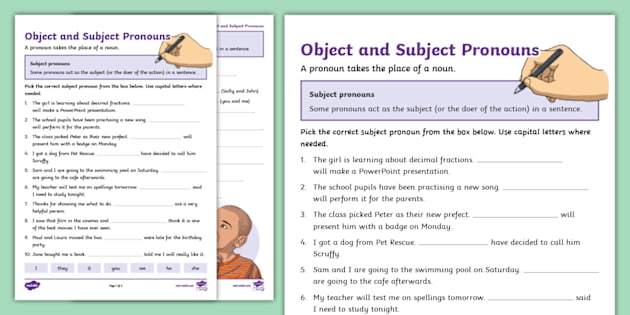Third grade civics worksheet focused on practicing pronoun usage in sentences