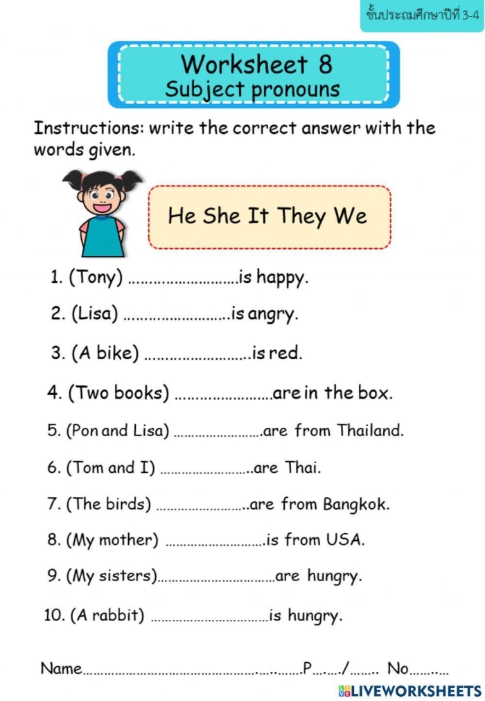 Grammar Basics Subject Pronouns Practice Worksheet for Grade 3 Chinese Students Third grade Chinese worksheet focusing on identifying and replacing sentence subjects with correct pronouns