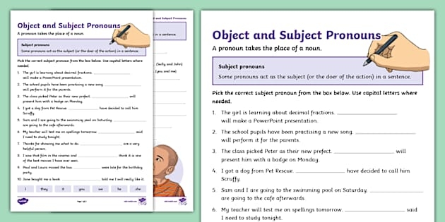 Third grade student filling in the blanks on a civics themed pick a pronoun grammar worksheet