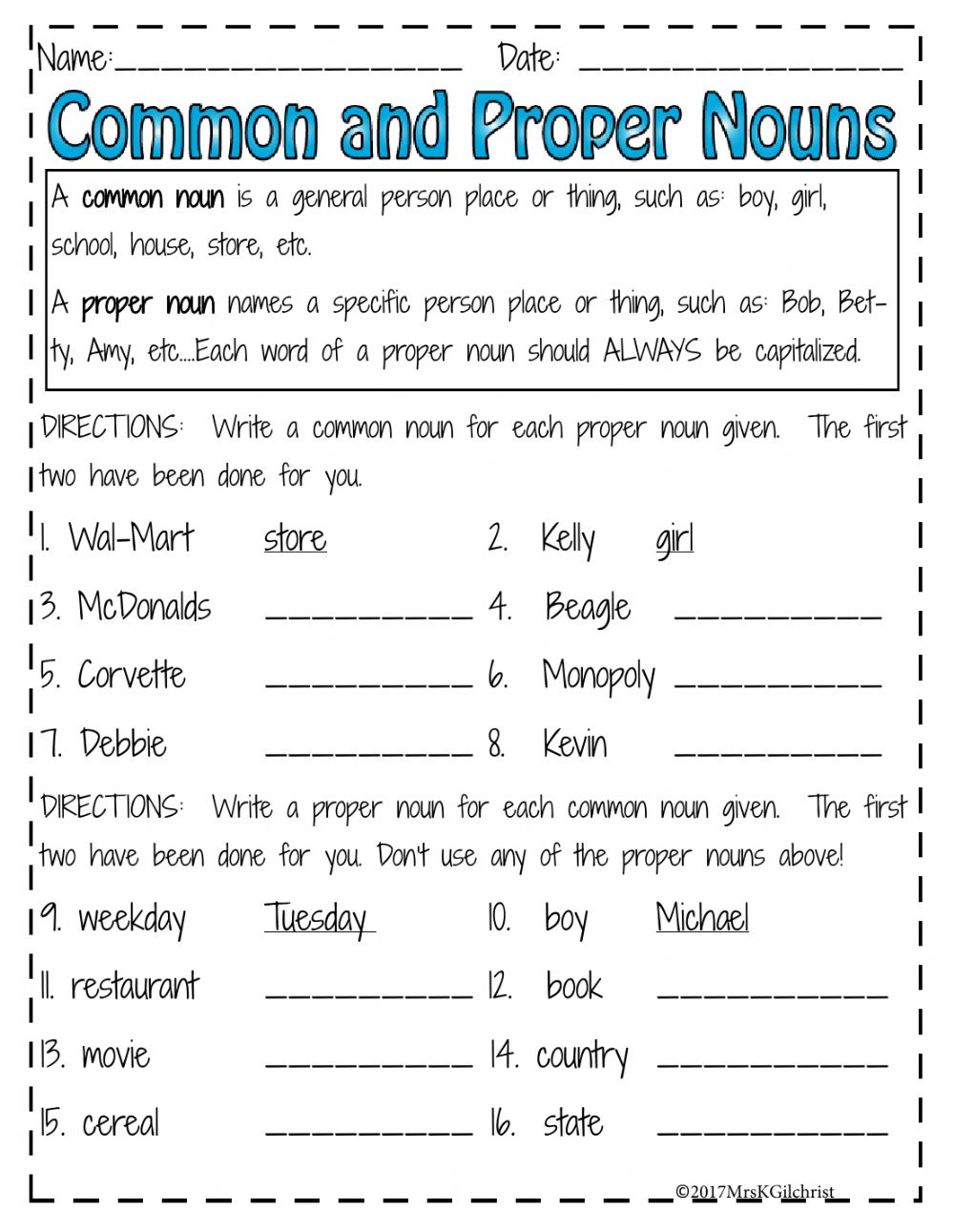 Nouns: Make It Proper - Grade 3 Writing Practice Activity 3 Third grade worksheet showing common nouns with blank lines where students write matching proper nouns