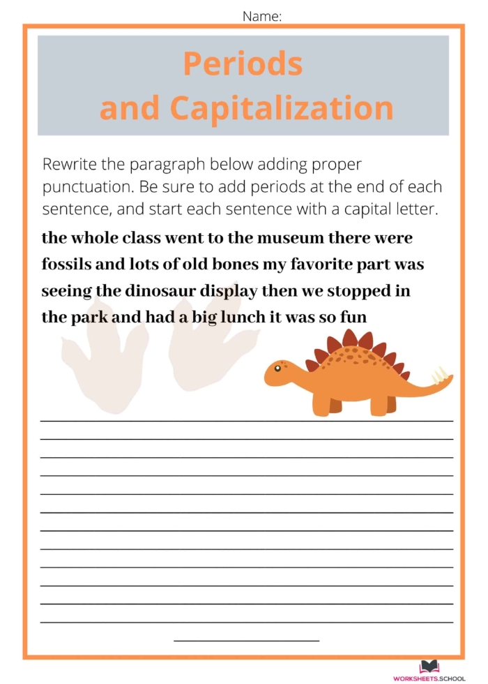 Third grade worksheet for practicing punctuation and capitalization skills in sentence editing