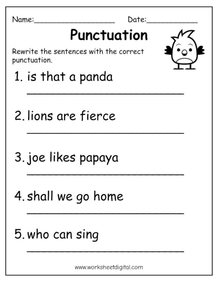 Third grade student practicing punctuation and capitalization by correcting and rewriting sentences on a worksheet