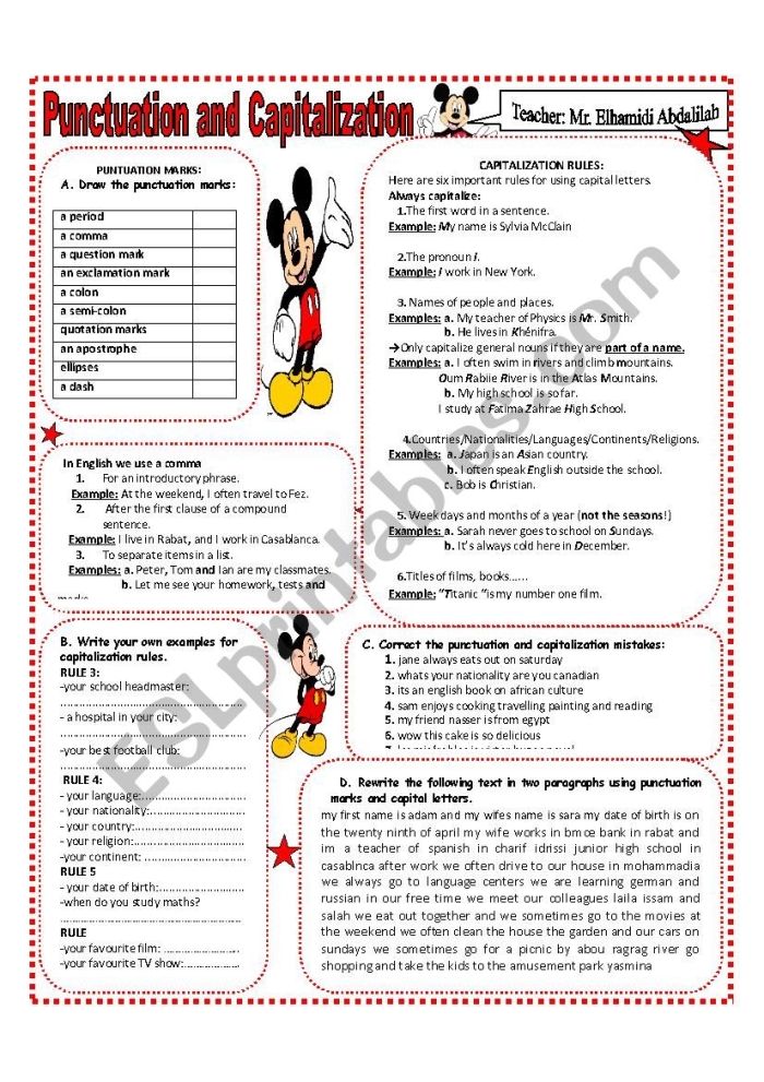 Third grade students practice correcting punctuation and capitalization in five sentences on a worksheet