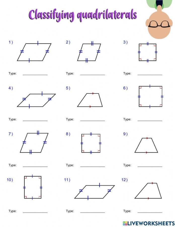 Third grade geometry worksheet showing different quadrilateral shapes for students to identify and name