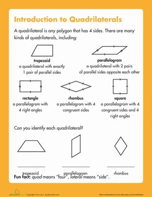 Third grade math worksheet featuring five different types of quadrilaterals to identify and practice