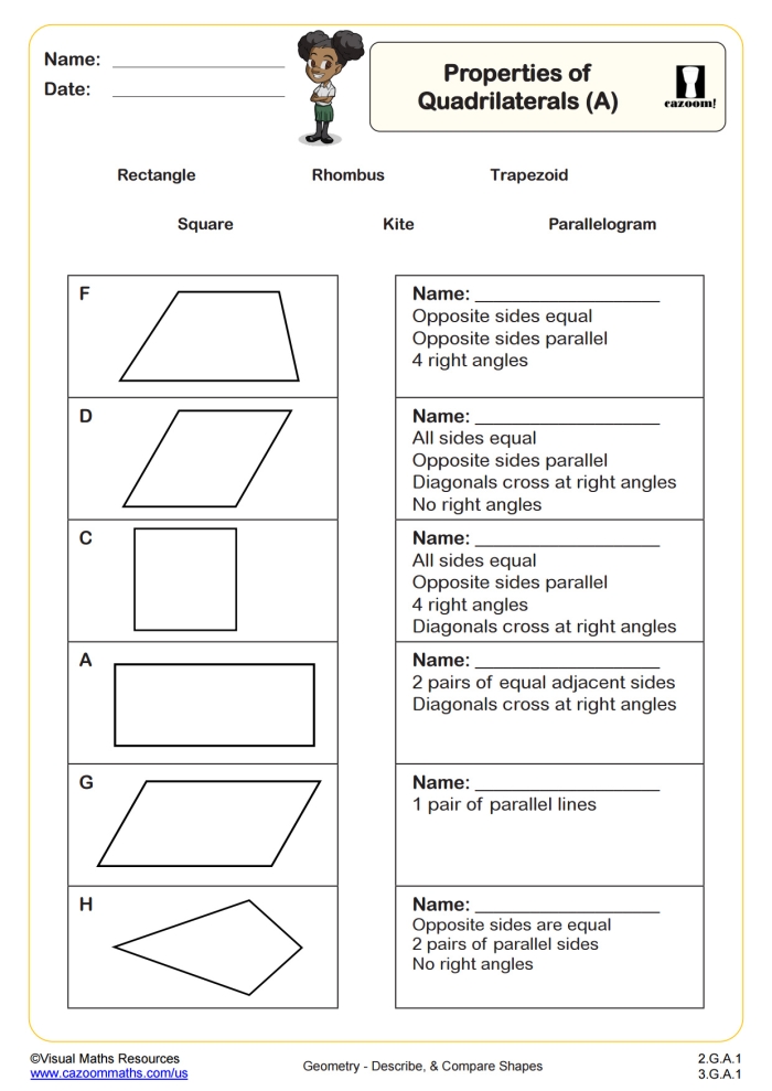 Third grade geometry worksheet showing different quadrilateral shapes for students to identify and name