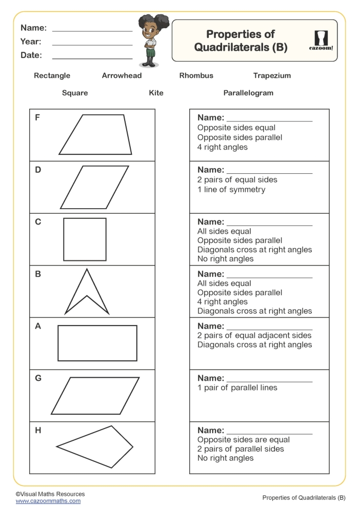 Third grade students identifying various quadrilateral shapes on a practice worksheet