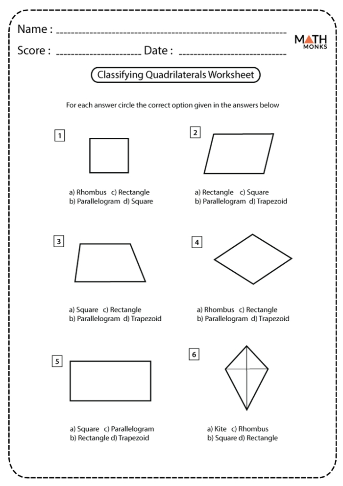 Third grade students learning to identify five types of quadrilaterals on a practice worksheet