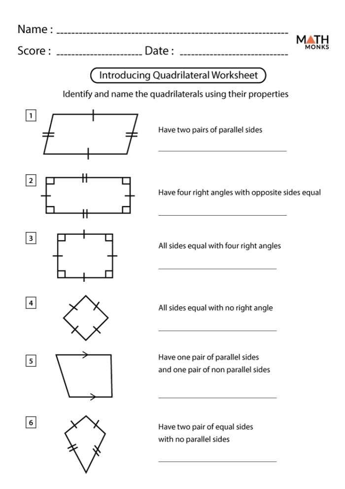 Third grade math worksheet featuring illustrations and exercises for identifying five distinct types of quadrilaterals