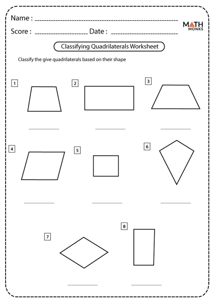 Third grade geometry worksheet showing quadrilateral shapes for students to identify and name