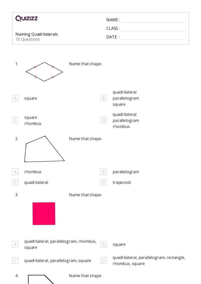Third grade geometry worksheet showing different quadrilateral shapes with labels for students to practice naming four-sided figures