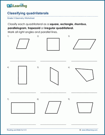 Third grade geometry worksheet featuring five types of quadrilaterals with practice problems