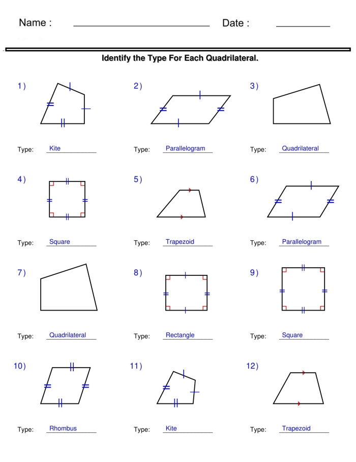 Third grade geometry worksheet showing colorful quadrilaterals with labels for students to practice naming four-sided shapes