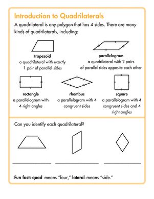 Worksheet illustrating various types of quadrilaterals for third graders