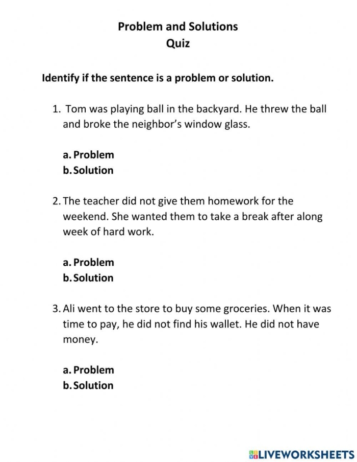 Finding the Problem and the Solution with Question Words Activity 19 Third grade history worksheet showing children learning to identify problems and solutions using who, what, when, where, why, and how question words in a short passage