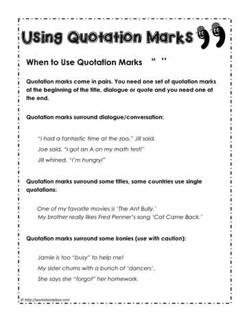 Quotation Mark Rules Practice Worksheet for Third Grade Geometry Students Third grade worksheet featuring punctuation guidelines and examples for using quotation marks correctly