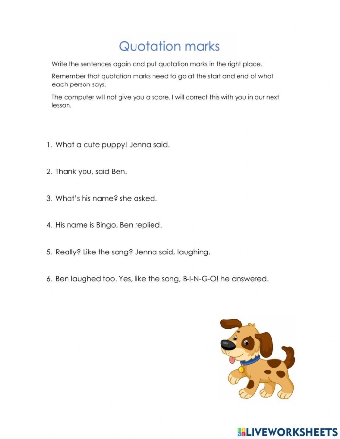 Quotation Mark Rules Worksheet for Third Grade Language Arts Lesson 15 Third grade students learning punctuation rules with a helpful quotation mark exercise page