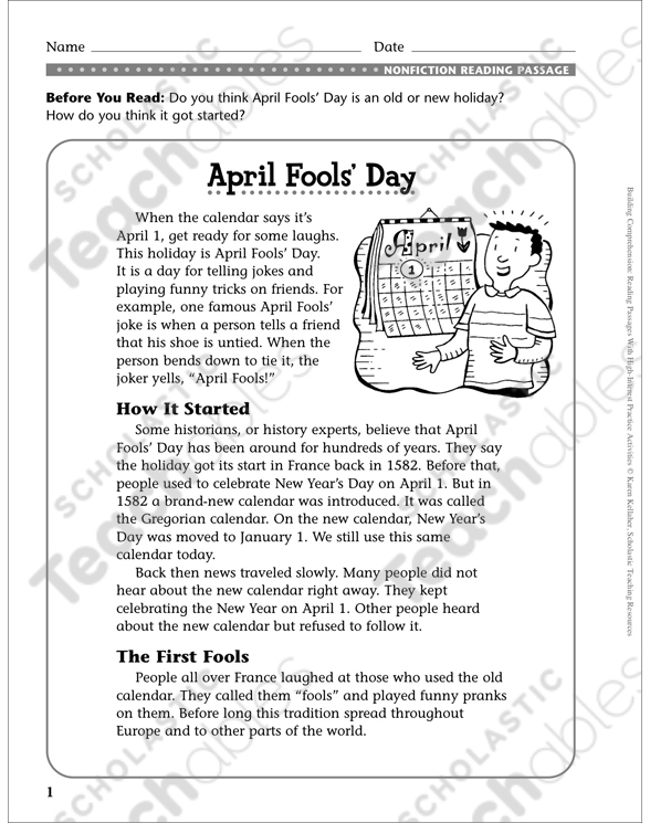 April Fools' Day hoaxes worksheet for third graders featuring reading comprehension activities