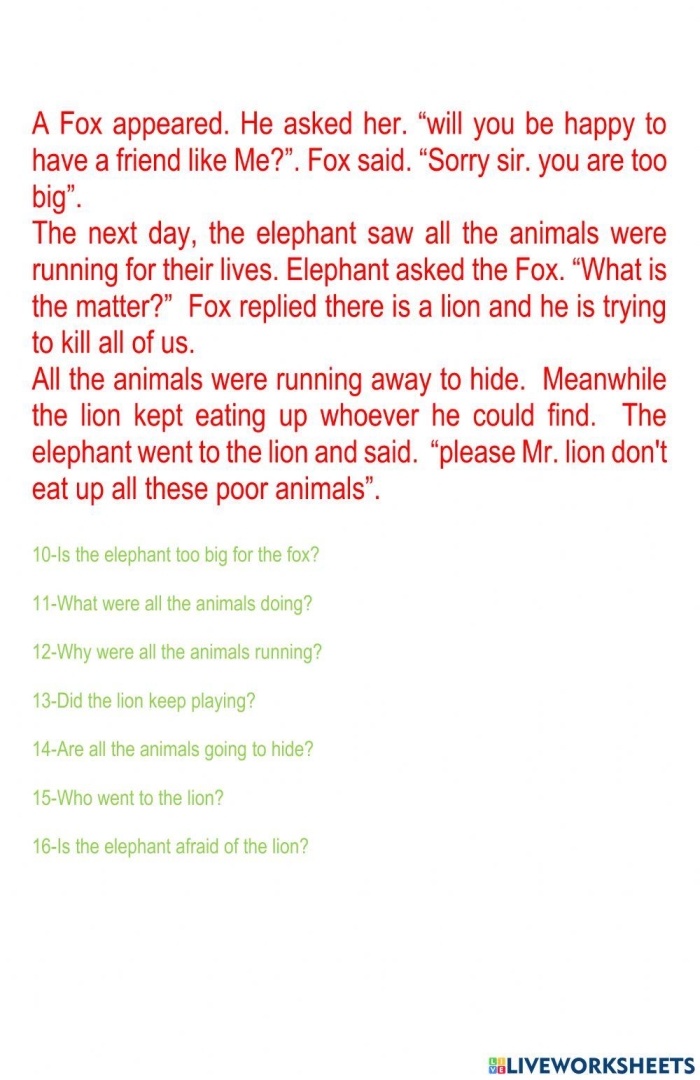 Worksheet featuring reading comprehension activities on "The Elephant's Child" for third graders