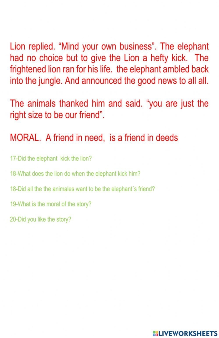 A colorful worksheet featuring reading comprehension activities based on "The Elephant's Child" for third graders