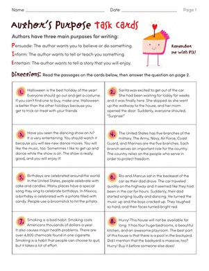 Author's Purpose Task Cards worksheet featuring third-grade reading exercises with sample paragraphs
