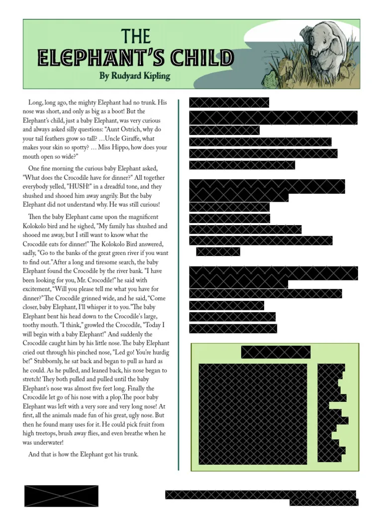 Worksheet featuring reading comprehension activities for "The Elephant's Child" by Rudyard Kipling