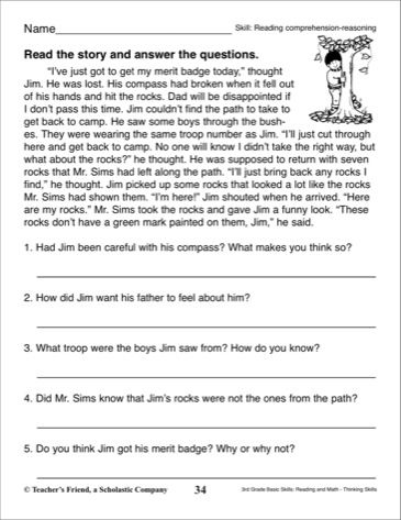 The Man, the Boy, and the Donkey reading comprehension activity for third graders Reading Comprehension worksheet featuring a fable about a man, his son, and a donkey