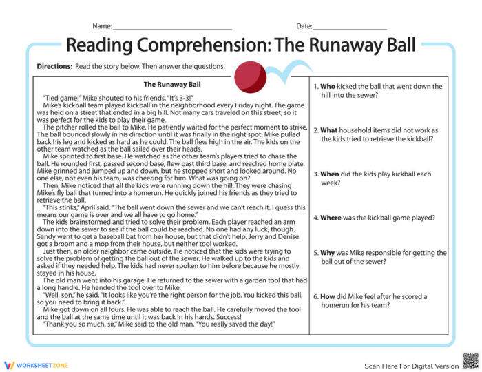 Engaging story-based worksheet for third graders on reading comprehension skills Fun classroom activity featuring the Reading Comprehension worksheet about Mike and the runaway kickball