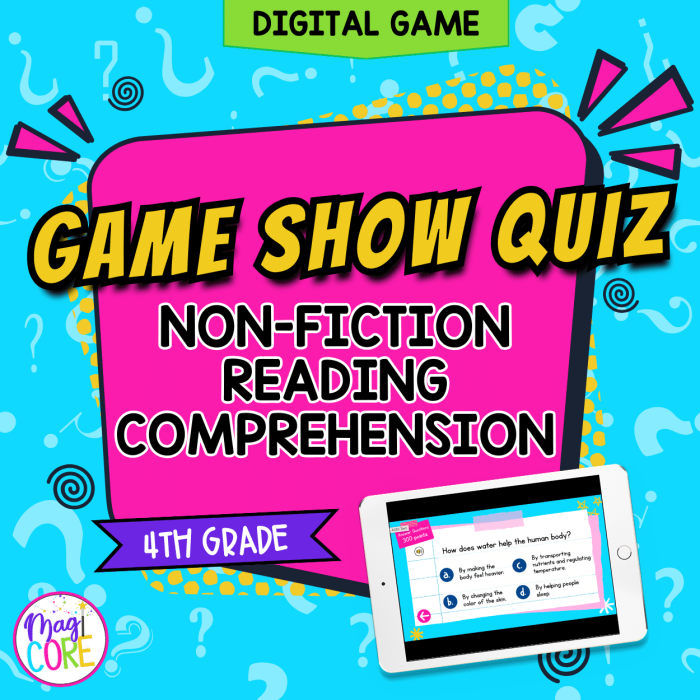 Third grade reading comprehension worksheet showing Alexis at a game show with story text and comprehension questions about main characters and sequencing