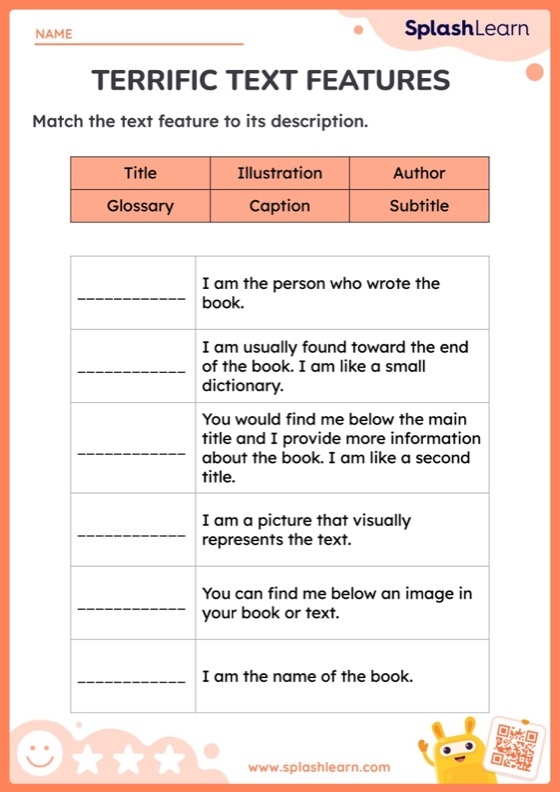 Worksheet featuring text and text features for third graders to enhance reading comprehension skills
