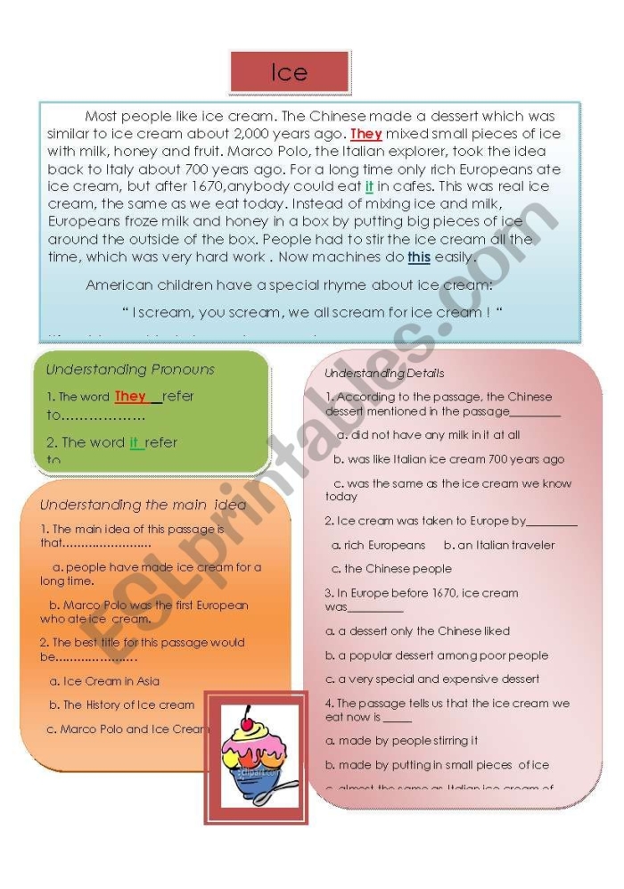 3rd Grade reading comprehension worksheet featuring a fun ice cream theme Worksheet image for "The Ice Cream Disaster" reading comprehension exercise