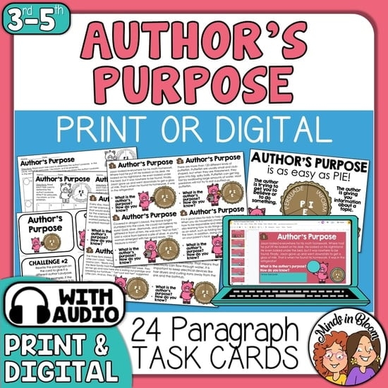 Author's Purpose Task Cards worksheet for third graders focusing on identifying the author's intent in text. Engaging educational resource for reading comprehension practice.