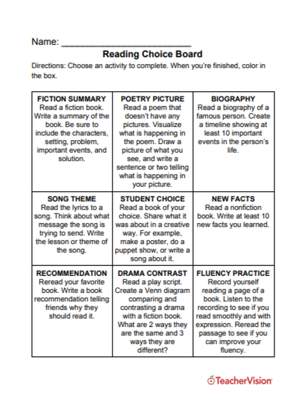Get Reading Choice Board Worksheet for Third Grade ELA Practice Image 5 Third grade students completing reading comprehension activities on a colorful choice board worksheet with multiple task options