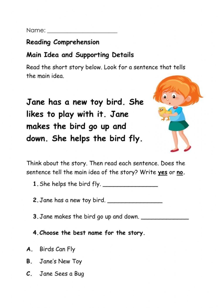Third grade reading worksheet showing main idea and details exercise with text passages for students to practice comprehension skills