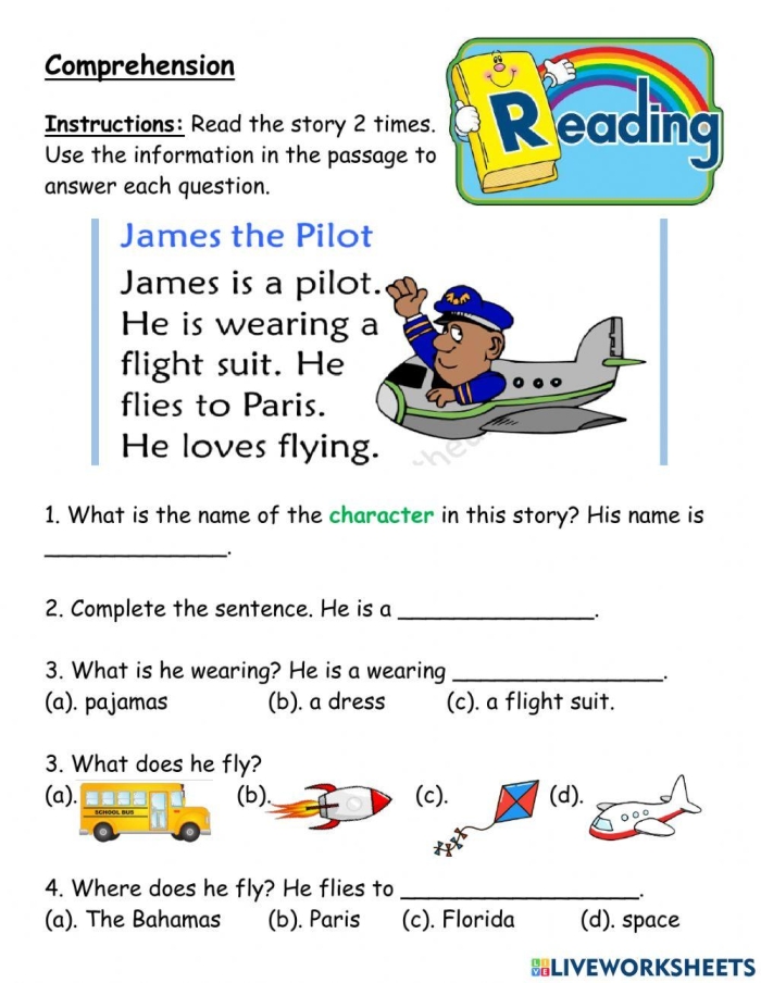 Third grade reading comprehension worksheet showing a story about Alexis at a game show with follow-up questions about characters and plot details