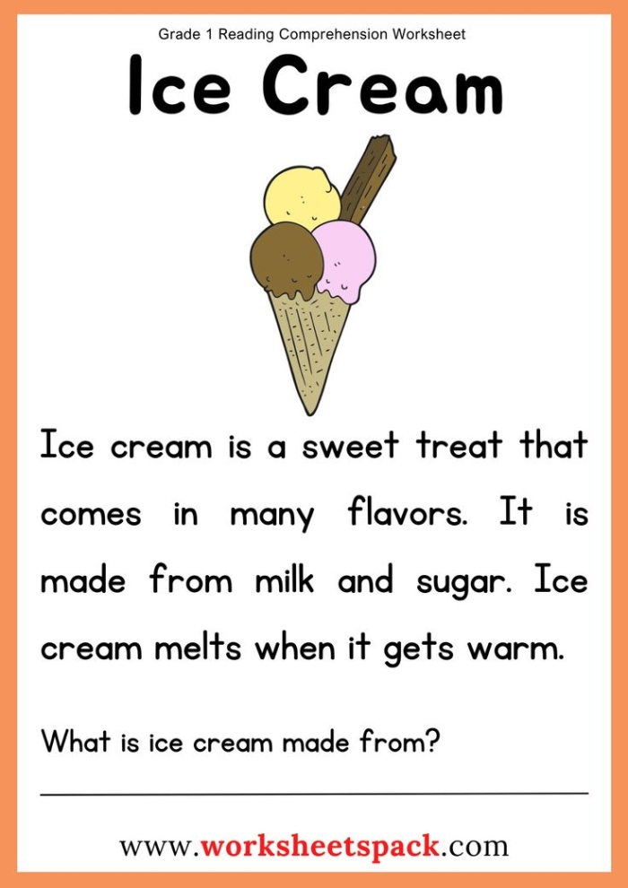 Reading Comprehension The Ice Cream Disaster Worksheet 13 Third grade reading comprehension worksheet about a spilled ice cream disaster