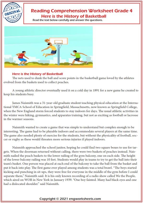 Illustration of Leo overcoming his soccer injury with related questions to enhance reading skills Worksheet featuring reading comprehension questions about "The Soccer Sprain" story for third graders