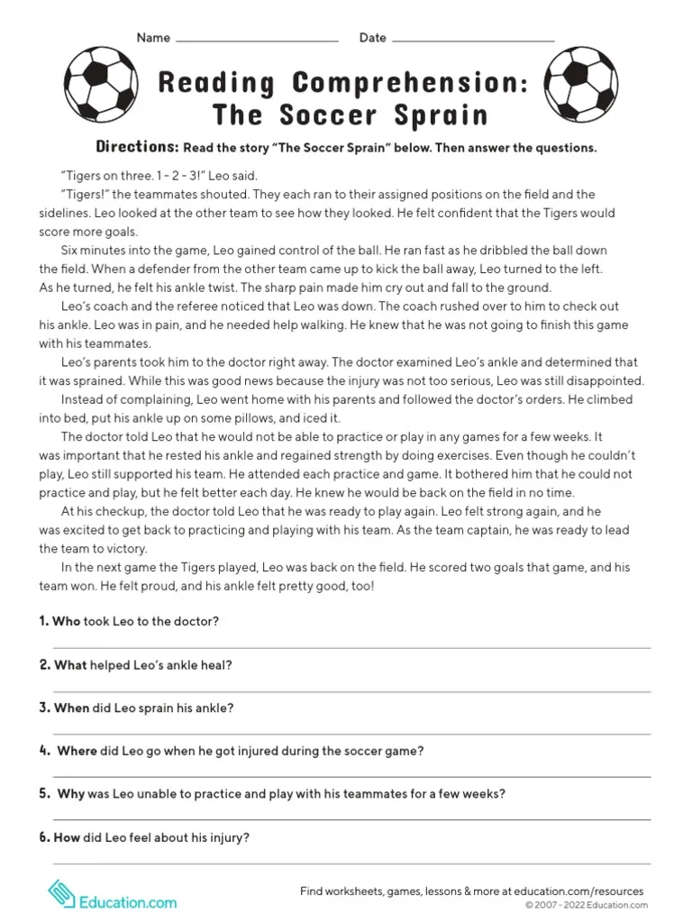 Reading Comprehension: The Soccer Sprain worksheet for grade 3 students Worksheet featuring the story of Leo's soccer injury and comprehension questions for third graders