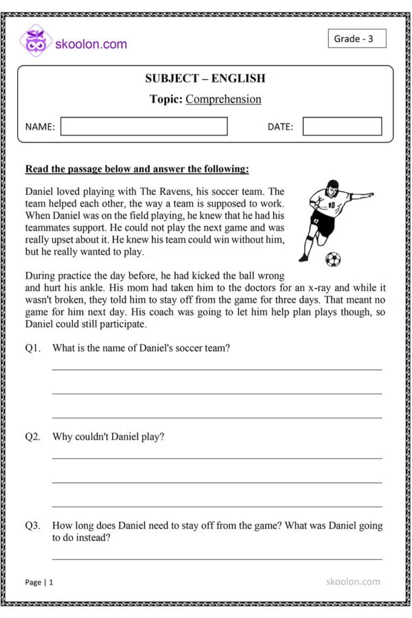 Image illustrating the third-grade reading activity focused on understanding key details from the text Worksheet featuring reading comprehension questions on "The Soccer Sprain" story about Leo's injury recovery